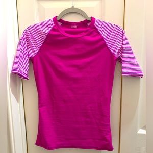 Solid purple and striped sleeve Swim top by Old Navy in XS